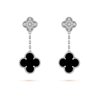 [：Polaidi Jewelry]CLOVER 2 MOTIFS  DIAMOND ONYX EARRINGS SILVER