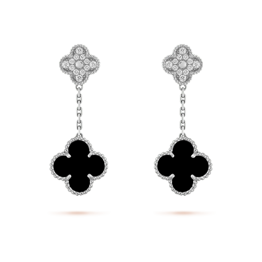 [：Polaidi Jewelry]CLOVER 2 MOTIFS  DIAMOND ONYX EARRINGS SILVER