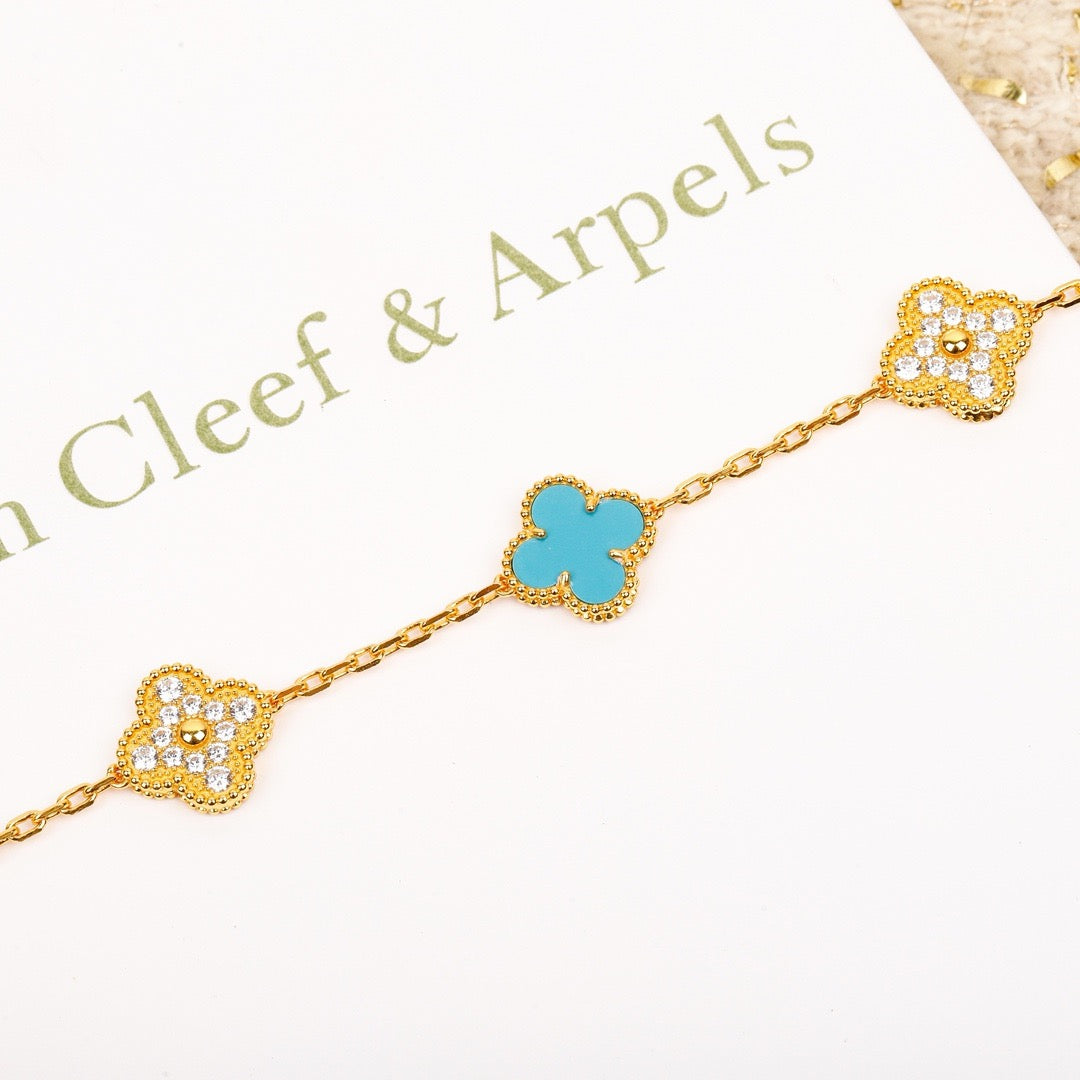 [：Polaidi Jewelry]CLOVER 5 MOTIF TURQUOISE DIAMOND GOLD BRACELET