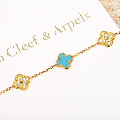 [：Polaidi Jewelry]CLOVER 5 MOTIF TURQUOISE DIAMOND GOLD BRACELET