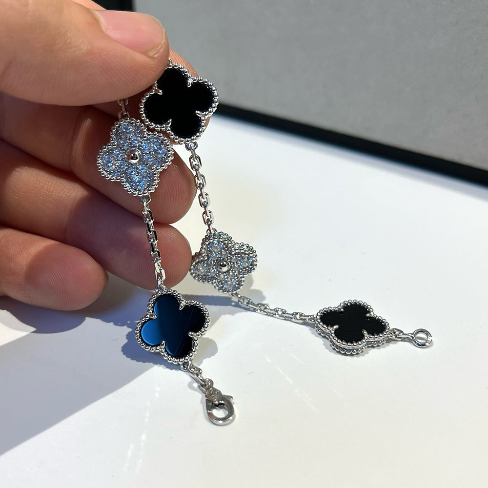[：Polaidi Jewelry]CLOVER 5 MOTIF ONYXS DIAMOND BRACELET SILVER
