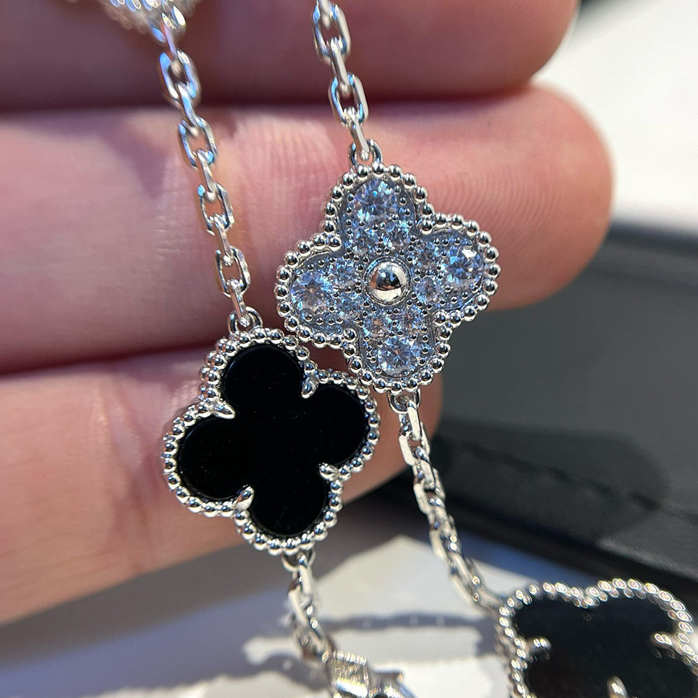[：Polaidi Jewelry]CLOVER 5 MOTIF ONYXS DIAMOND BRACELET SILVER