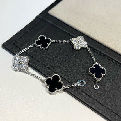 [：Polaidi Jewelry]CLOVER 5 MOTIF ONYXS DIAMOND BRACELET SILVER