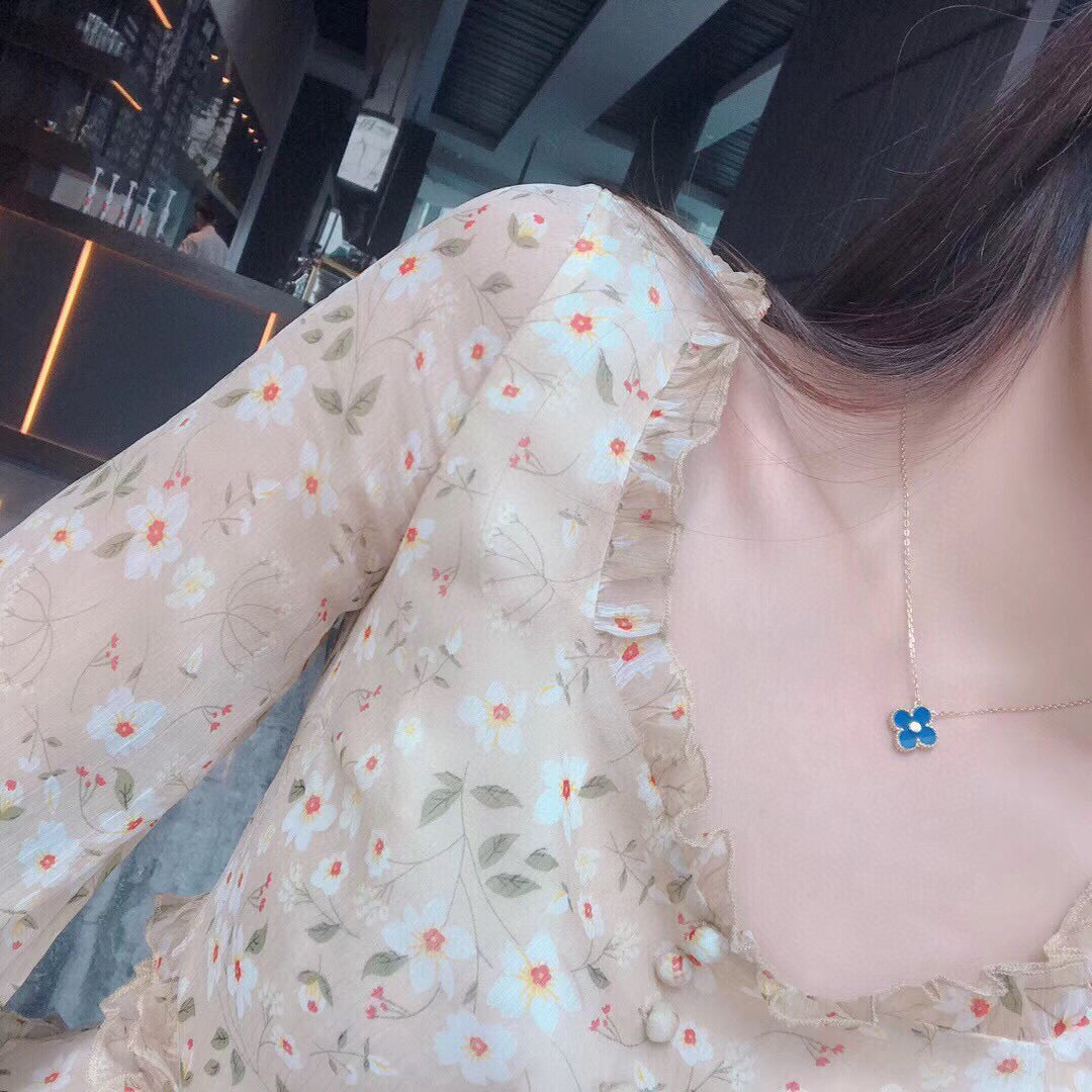 [Polaidi Jewelry]CLOVER 15MM DIAMOND AND BLUE AGATE NECKLACE