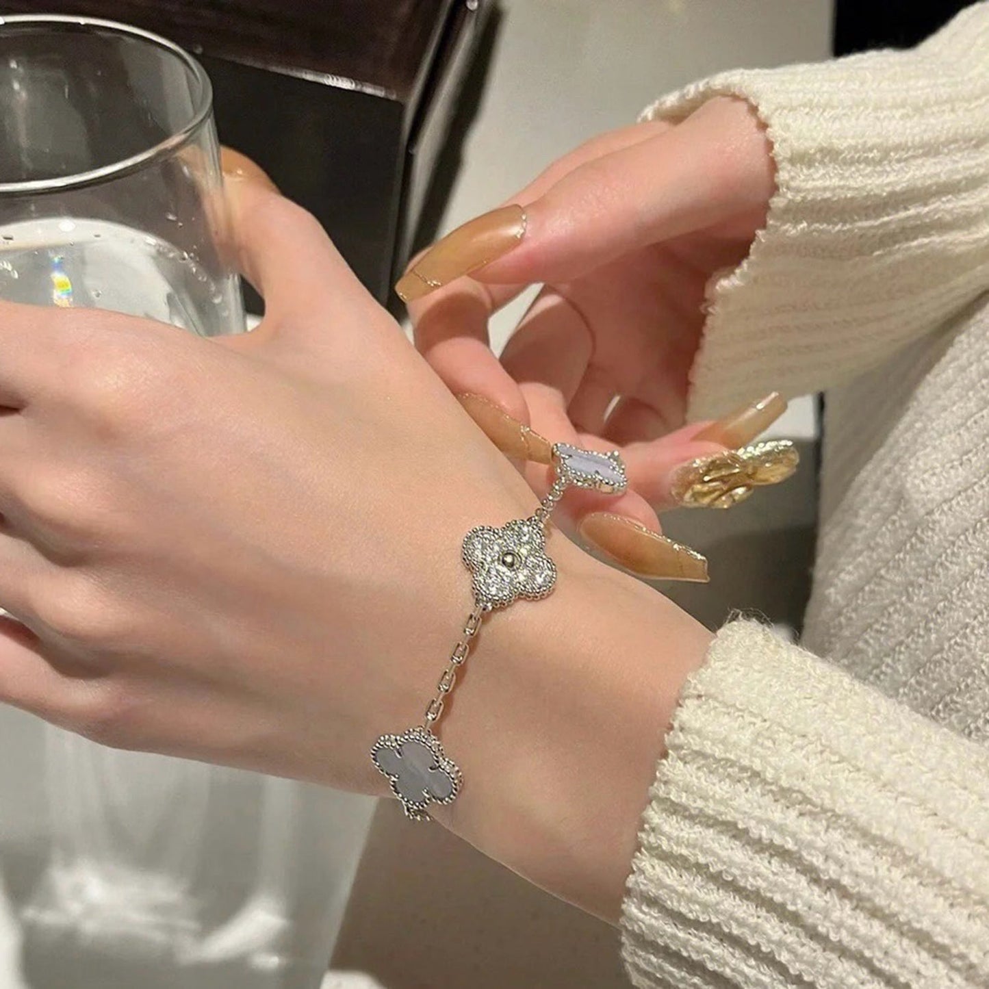 [：Polaidi Jewelry]CLOVER  5 MOTIF DIAMOND PURPLE CHALCEDONY BRACELET SILVER