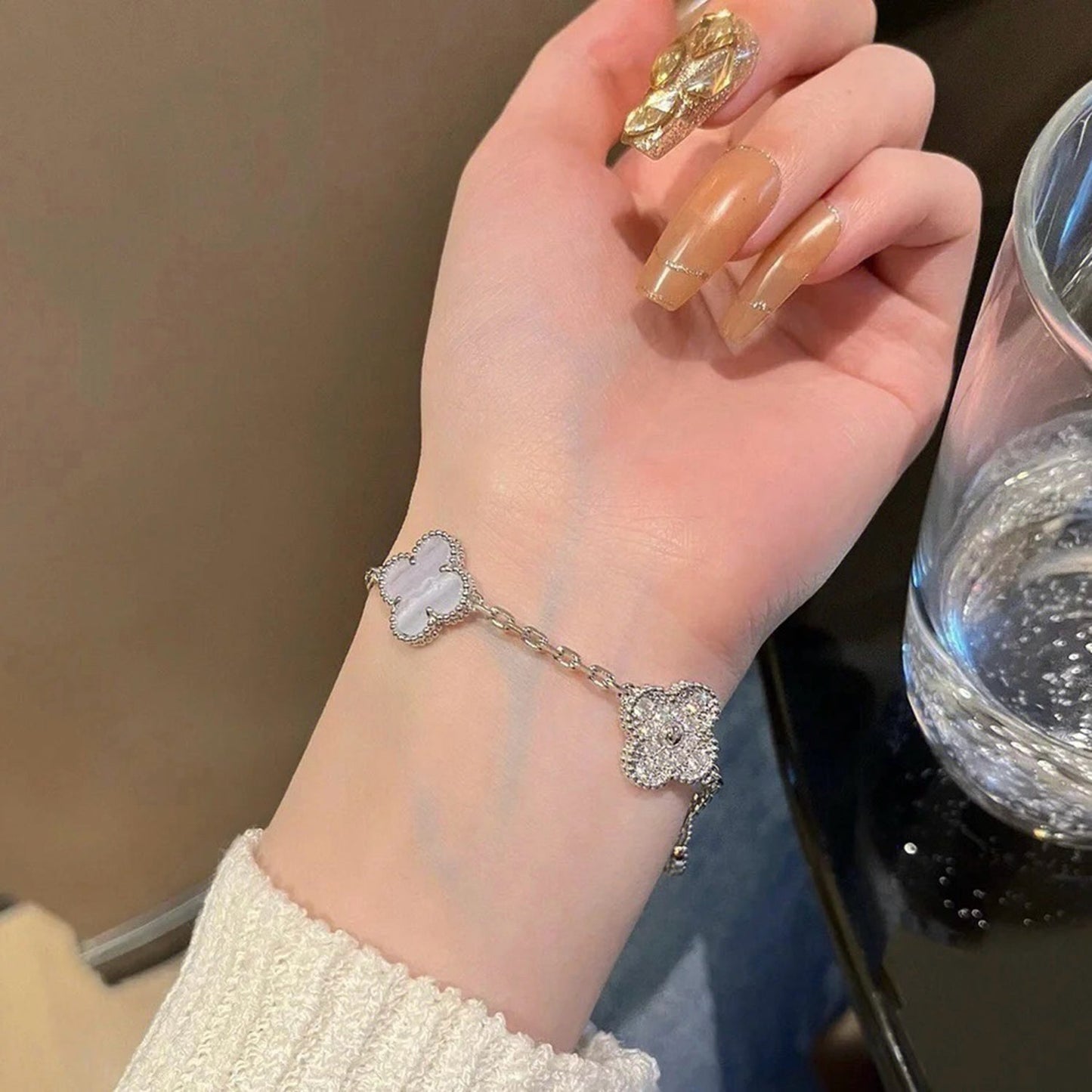 [：Polaidi Jewelry]CLOVER  5 MOTIF DIAMOND PURPLE CHALCEDONY BRACELET SILVER
