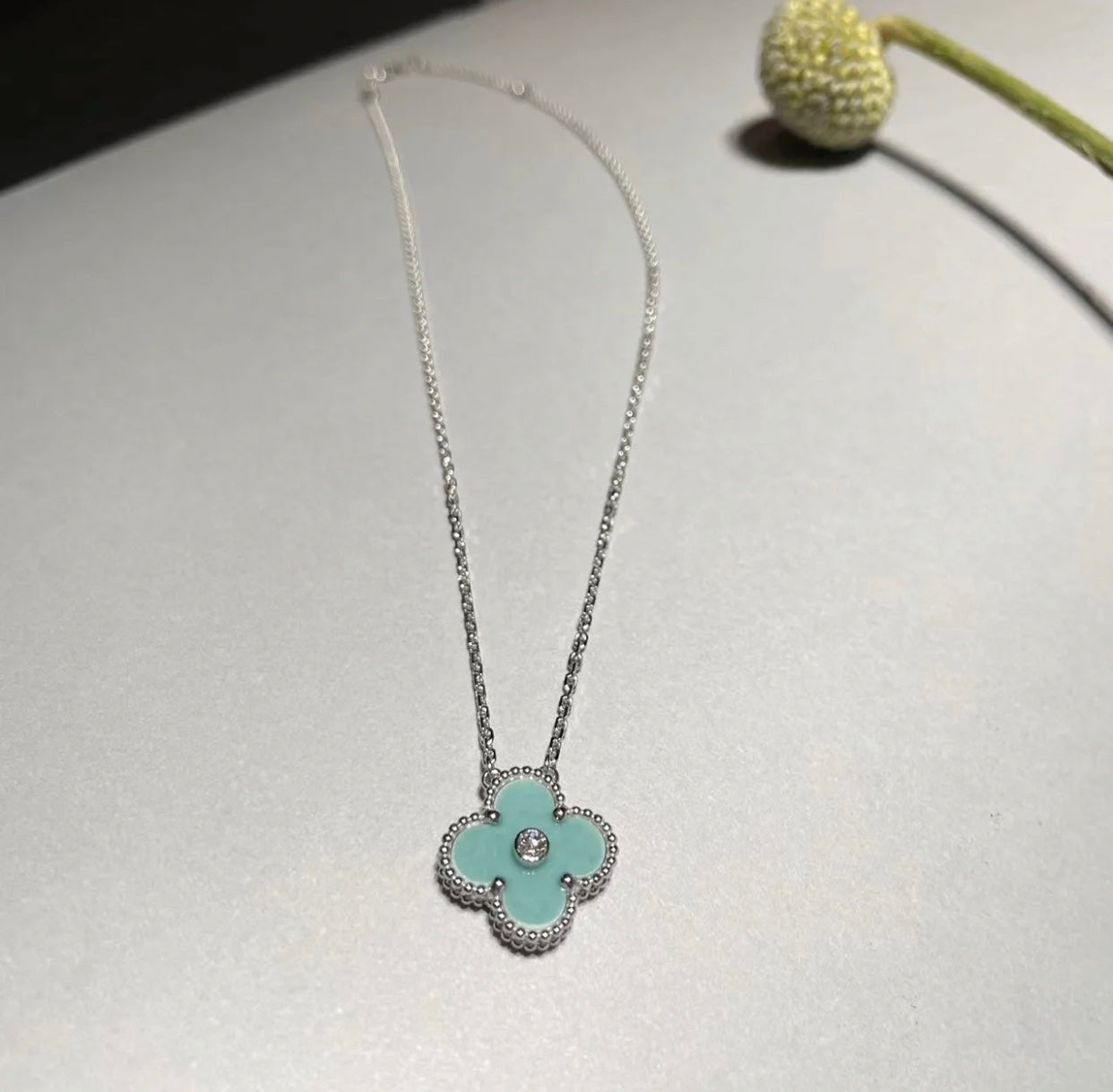 [Polaidi Jewelry]CLOVER 1 DIAMOND LIGHT BLUE SILVER NECKLACE