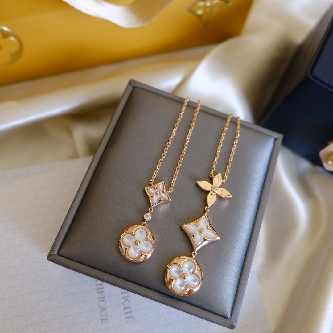 [：Polaidi Jewelry]COLOR BLOSSOM LARIAT NECKLACE PINK GOLD WHITE MOTHER PEARL AND DIAMOND