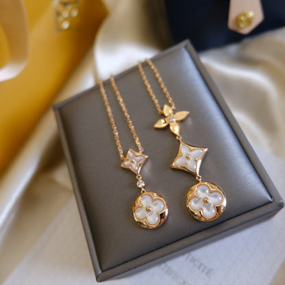 [Polaidi Jewelry]COLOR BLOSSOM LARIAT NECKLACE PINK GOLD WHITE MOTHER PEARL AND DIAMOND