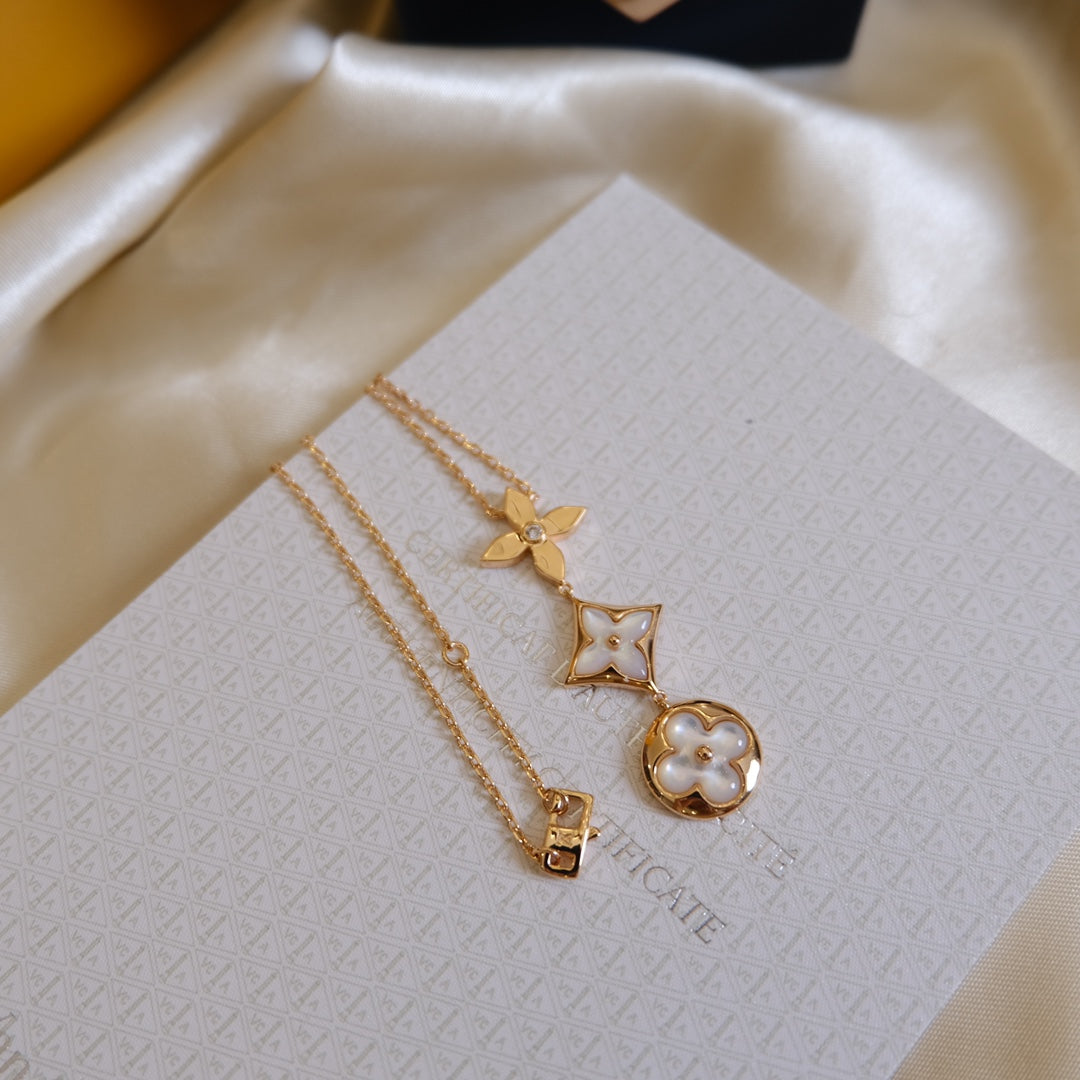 [：Polaidi Jewelry]COLOR BLOSSOM LARIAT NECKLACE PINK GOLD WHITE MOTHER PEARL AND DIAMOND