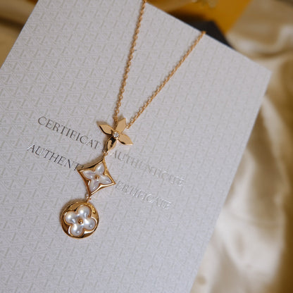 [Polaidi Jewelry]COLOR BLOSSOM LARIAT NECKLACE PINK GOLD WHITE MOTHER PEARL AND DIAMOND