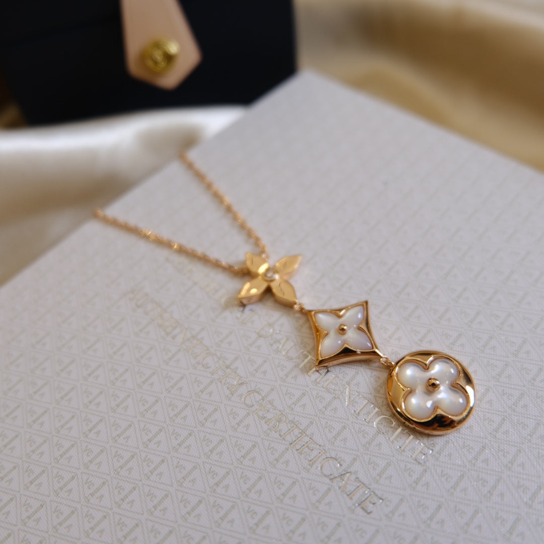 [：Polaidi Jewelry]COLOR BLOSSOM LARIAT NECKLACE PINK GOLD WHITE MOTHER PEARL AND DIAMOND