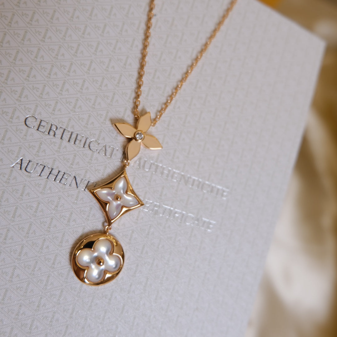 [Polaidi Jewelry]COLOR BLOSSOM LARIAT NECKLACE PINK GOLD WHITE MOTHER PEARL AND DIAMOND