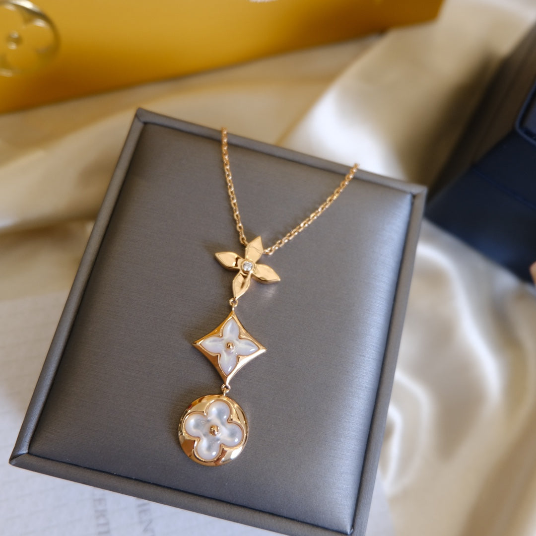 [Polaidi Jewelry]COLOR BLOSSOM LARIAT NECKLACE PINK GOLD WHITE MOTHER PEARL AND DIAMOND