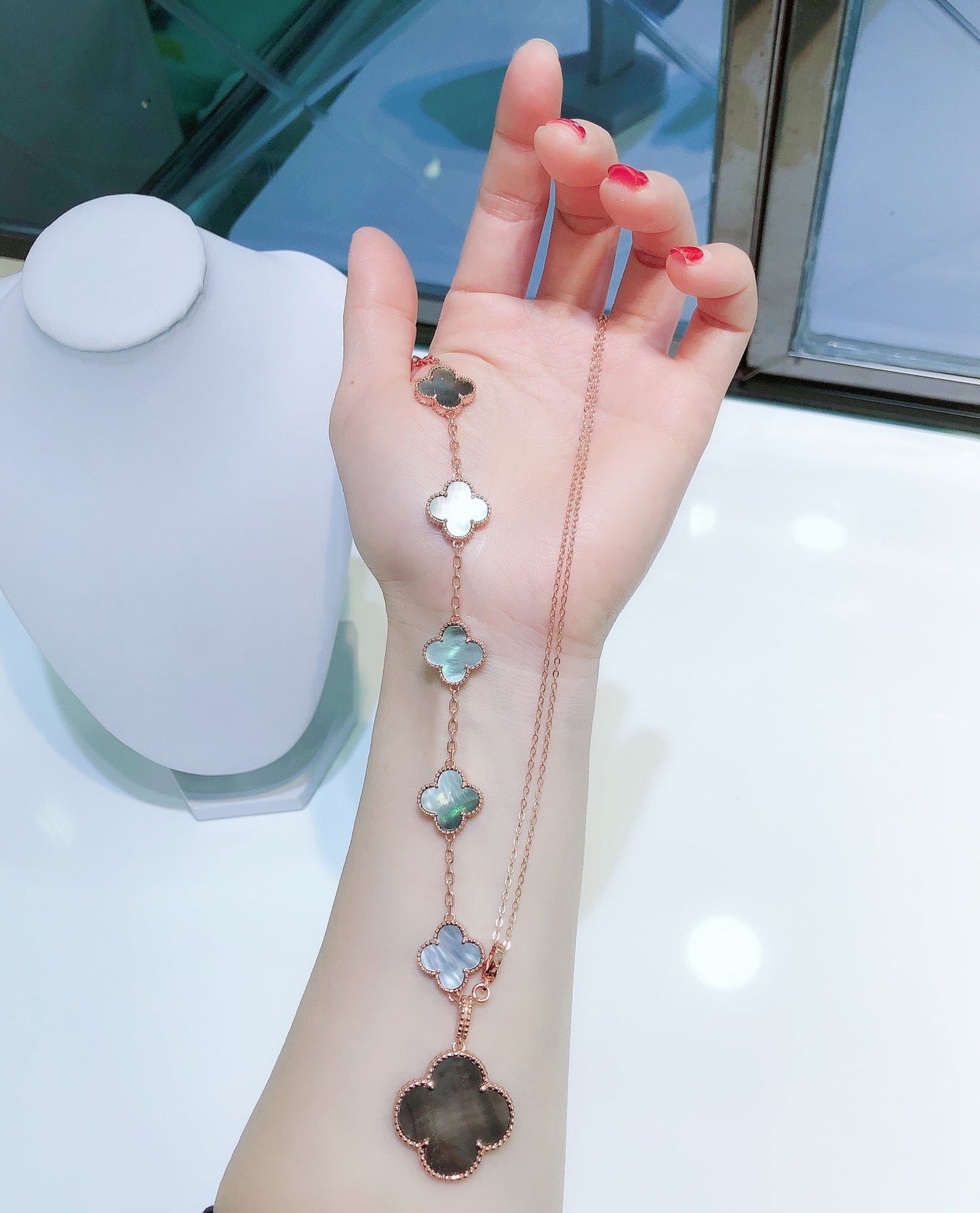 [：Polaidi Jewelry]COMBINED BRACELET 5 MOTIFS AND NECKLACE DARK MOP ROSE GOLD