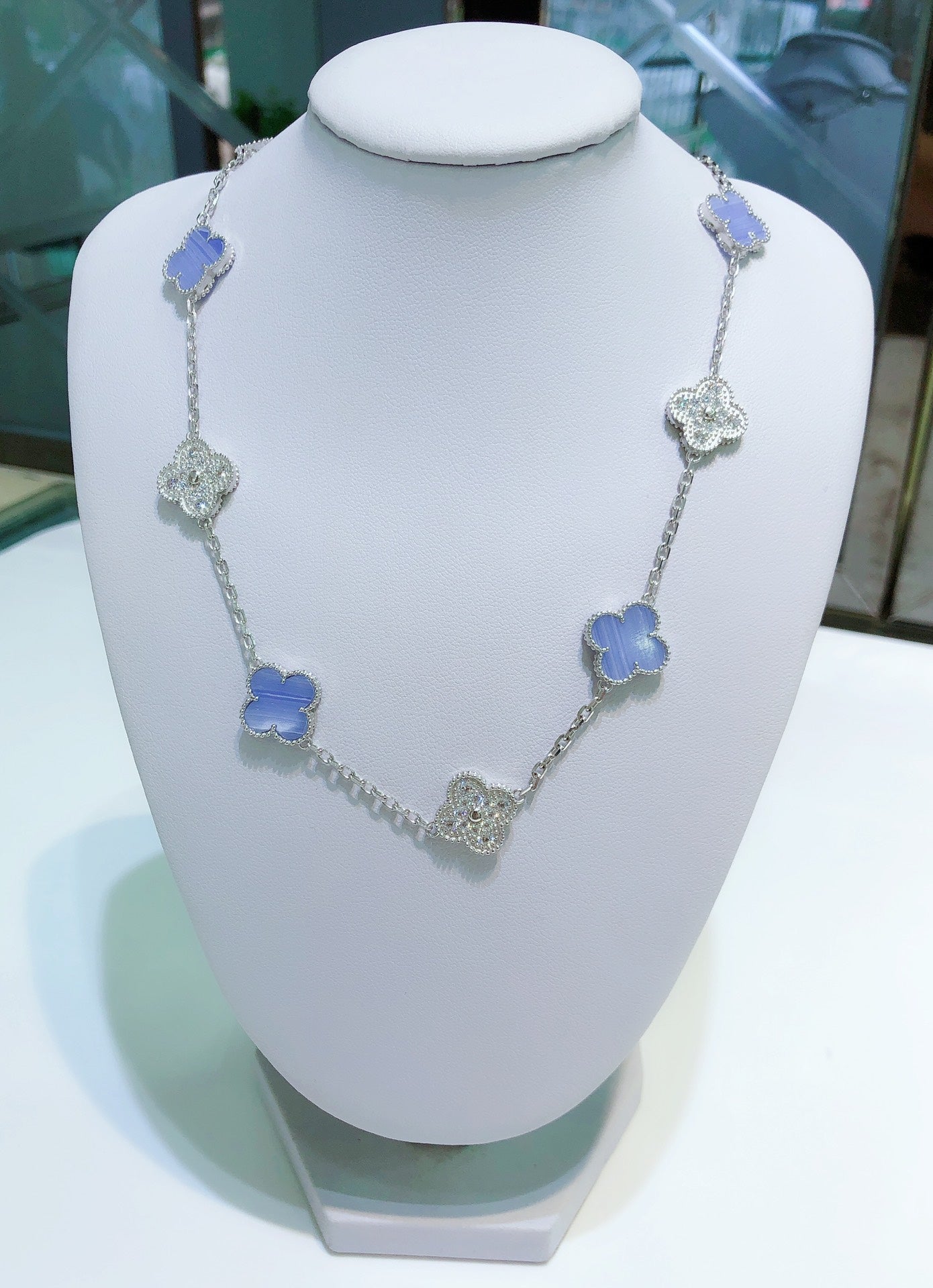 [：Polaidi Jewelry]CLOVER 10 MOTIFS CHALCEDONY DIAMONDS SILVER NECKLACE