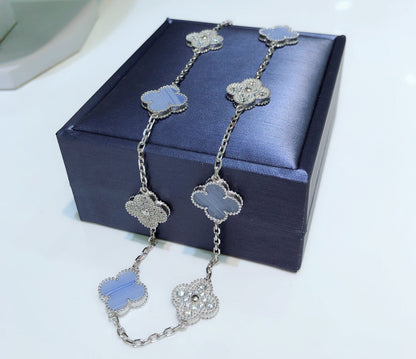 [：Polaidi Jewelry]CLOVER 10 MOTIFS CHALCEDONY DIAMONDS SILVER NECKLACE