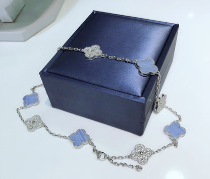 [：Polaidi Jewelry]CLOVER 10 MOTIFS CHALCEDONY DIAMONDS SILVER NECKLACE