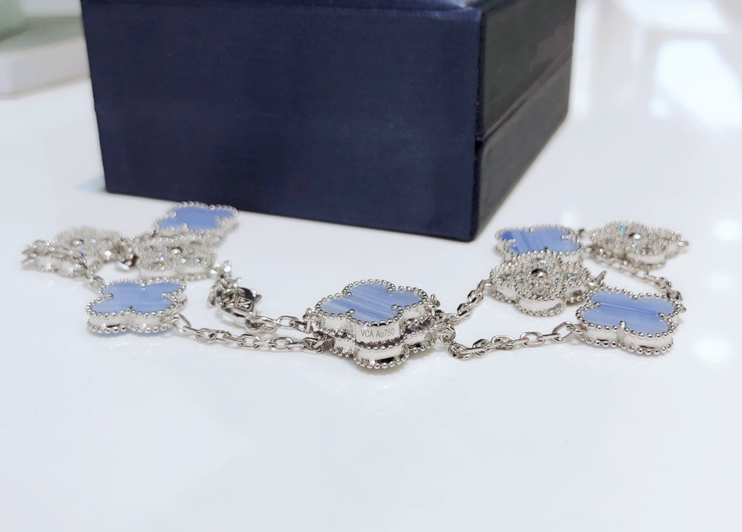 [：Polaidi Jewelry]CLOVER 10 MOTIFS CHALCEDONY DIAMONDS SILVER NECKLACE