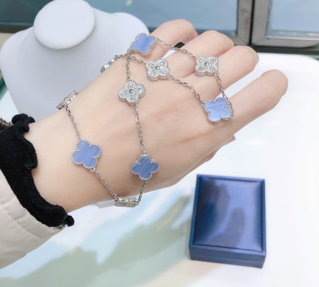 [：Polaidi Jewelry]CLOVER 10 MOTIFS CHALCEDONY DIAMONDS SILVER NECKLACE