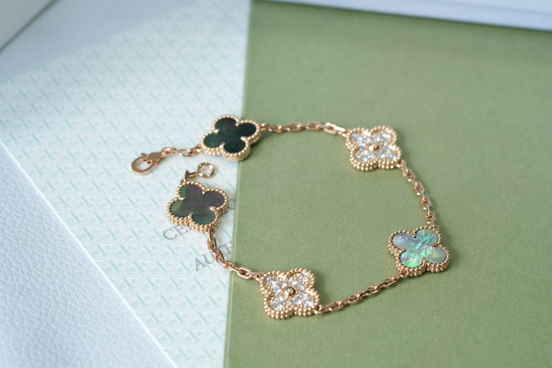 [：Polaidi Jewelry]CLOVER 5 MOTIFS DARK MOP AND DIAMONDS PINK GOLD BRACELET