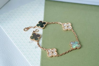 [：Polaidi Jewelry]CLOVER 5 MOTIFS DARK MOP AND DIAMONDS PINK GOLD BRACELET
