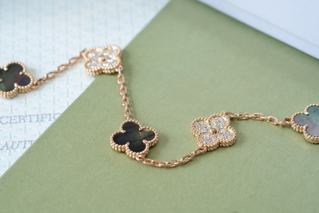 [：Polaidi Jewelry]CLOVER 5 MOTIFS DARK MOP AND DIAMONDS PINK GOLD BRACELET