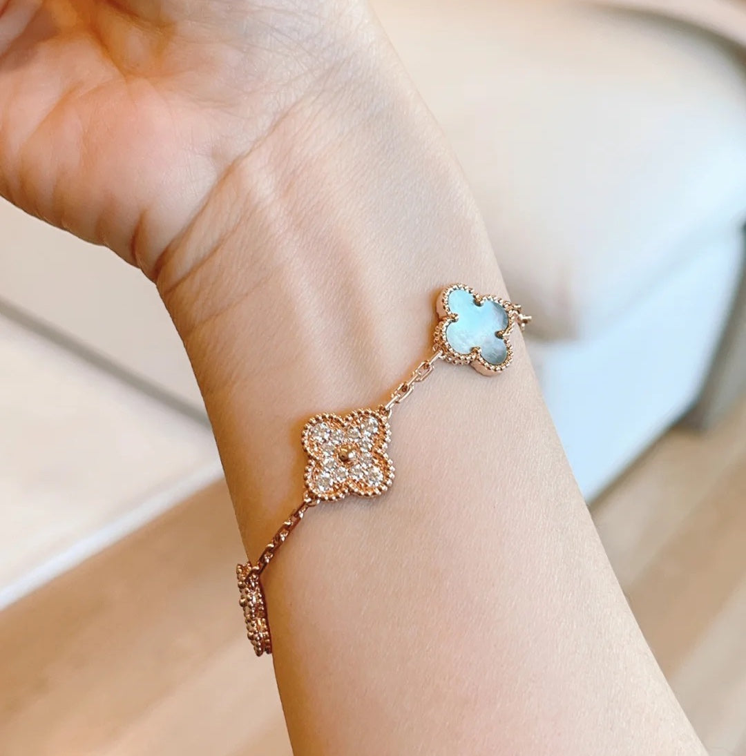 [：Polaidi Jewelry]CLOVER 5 MOTIFS DARK MOP AND DIAMONDS PINK GOLD BRACELET